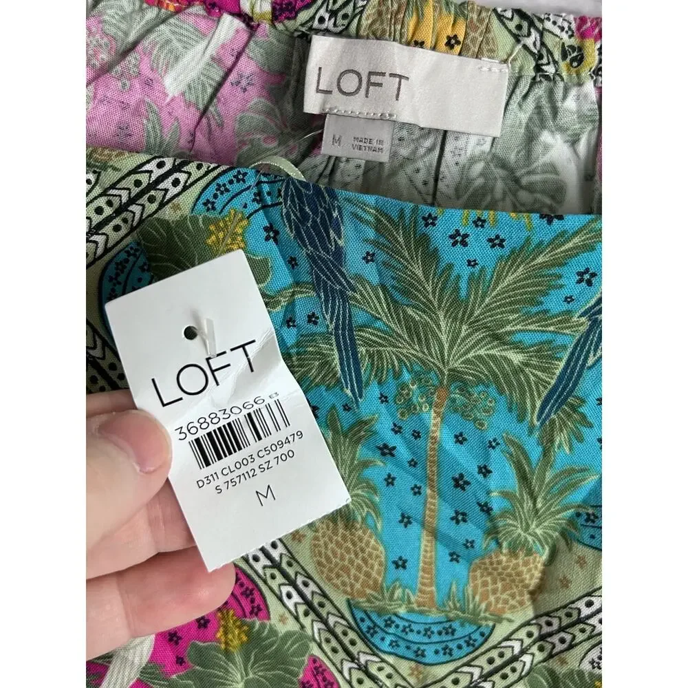 LOFT Palm Bubble Sleeve Square Neck Tropical Blouse Medium